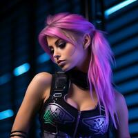 a beautiful young woman with pink hair in a futuristic outfit generative ai photo