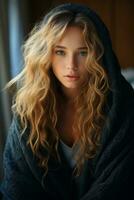 a beautiful young woman wrapped in a blanket generative ai photo