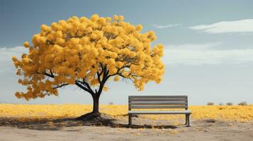 a bench under a tree in a field with yellow leaves generative ai photo