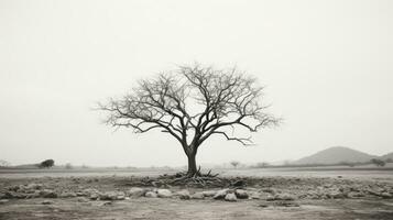 a black and white photo of a bare tree in the middle of a field generative ai