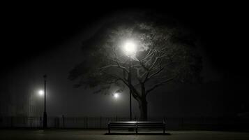 un negro y blanco foto de un banco sentado debajo un árbol a noche generativo ai