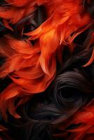 a black and red feather pattern on a black background generative ai photo