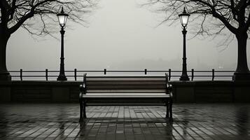 a black and white photo of a bench on a rainy night generative ai