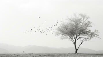 un negro y blanco foto de un solitario árbol en el medio de un campo generativo ai