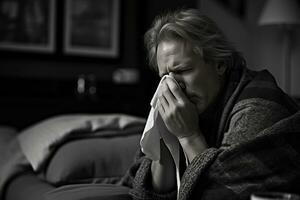 a black and white photo of a man blowing his nose generative ai