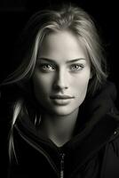 un negro y blanco foto de un mujer en un capucha generativo ai