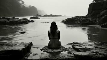 a black and white photo of a woman sitting on rocks near the ocean generative ai