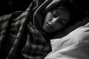 a black and white photo of a woman sleeping in bed generative ai