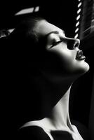 a black and white photo of a woman with her eyes closed generative ai