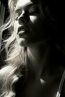 a black and white photo of a woman with her eyes closed generative ai