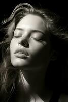 a black and white photo of a woman with her eyes closed generative ai