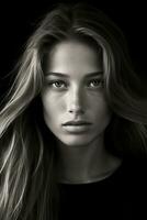 a black and white photo of a woman with long hair generative ai