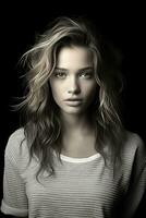 a black and white photo of a woman with long hair generative ai