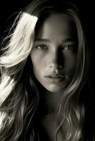 a black and white photo of a woman with long hair generative ai