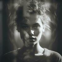 a black and white photo of a woman with smoke coming out of her eyes generative ai