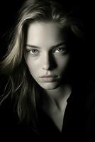 a black and white photo of a young woman generative ai