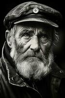 a black and white photo of an old man with a beard generative ai
