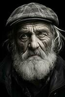 un negro y blanco foto de un antiguo hombre generativo ai