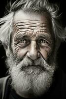 un negro y blanco foto de un antiguo hombre con un barba generativo ai
