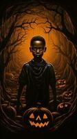a black boy standing in front of pumpkins in a dark forest generative ai photo