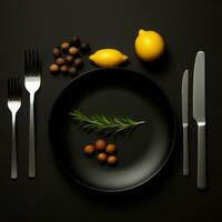 a black plate with lemons rosemary and nuts on it generative ai photo