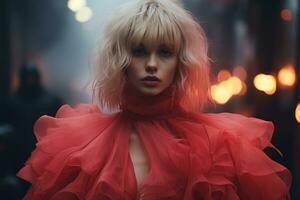 a blonde woman in a red dress standing in the dark generative ai photo