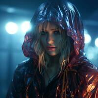 a blonde woman in a red raincoat generative ai photo
