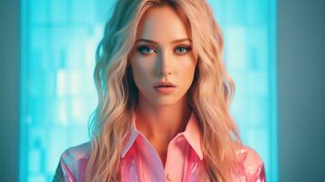 un rubia mujer en un rosado camisa con azul ojos generativo ai foto