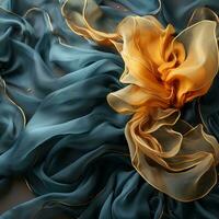 a blue and gold silk fabric with a flower on it generative ai photo