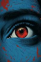 a blue eye with red blood on it generative ai photo