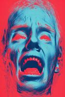 a blue and red painting of a man with his mouth open generative ai photo