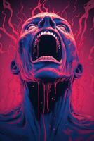 a blue and pink poster with an image of a mans face with blood coming out of his mouth generative ai photo