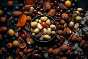 a bowl full of nuts and seeds on a black background generative ai photo