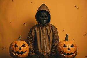 a boy in a hooded jacket with two pumpkins in front of him generative ai photo