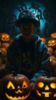 a boy in a blue jacket sitting in front of a bunch of pumpkins generative ai photo
