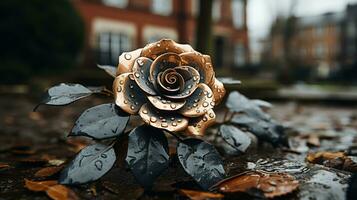 a bronze rose sits on the ground in front of a building generative ai photo