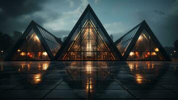 a building with three triangular shaped windows at night generative ai photo