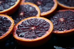 a bunch of sliced blood oranges on a black surface generative ai photo