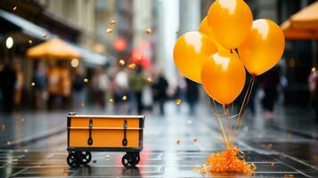 a cart with orange balloons sitting on the street generative ai photo