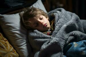 un niño dormido en un cama con un cobija generativo ai foto