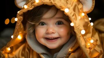 a child wearing a teddy bear coat with lights around it generative ai photo