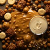 a close up of a bowl of cookies and peanut butter generative ai photo