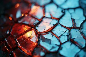 a close up of a cracked glass surface with red and blue lights generative ai photo