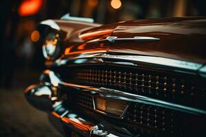 a close up of a classic car at night generative ai photo