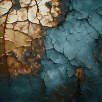 a close up of a cracked wall with blue and gold paint generative ai photo