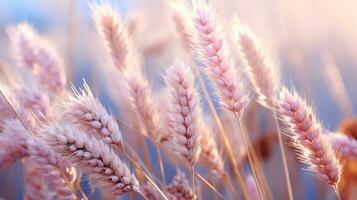 a close up of a field of wheat with the sun in the background generative ai photo