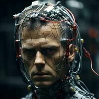 a close up of a man in a suit with wires attached to his head generative ai photo