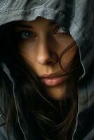 a close up of a woman in a hoodie generative ai photo