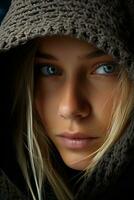 a close up of a woman in a hoodie generative ai photo