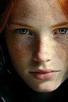 a close up of a woman with freckles on her face generative ai photo